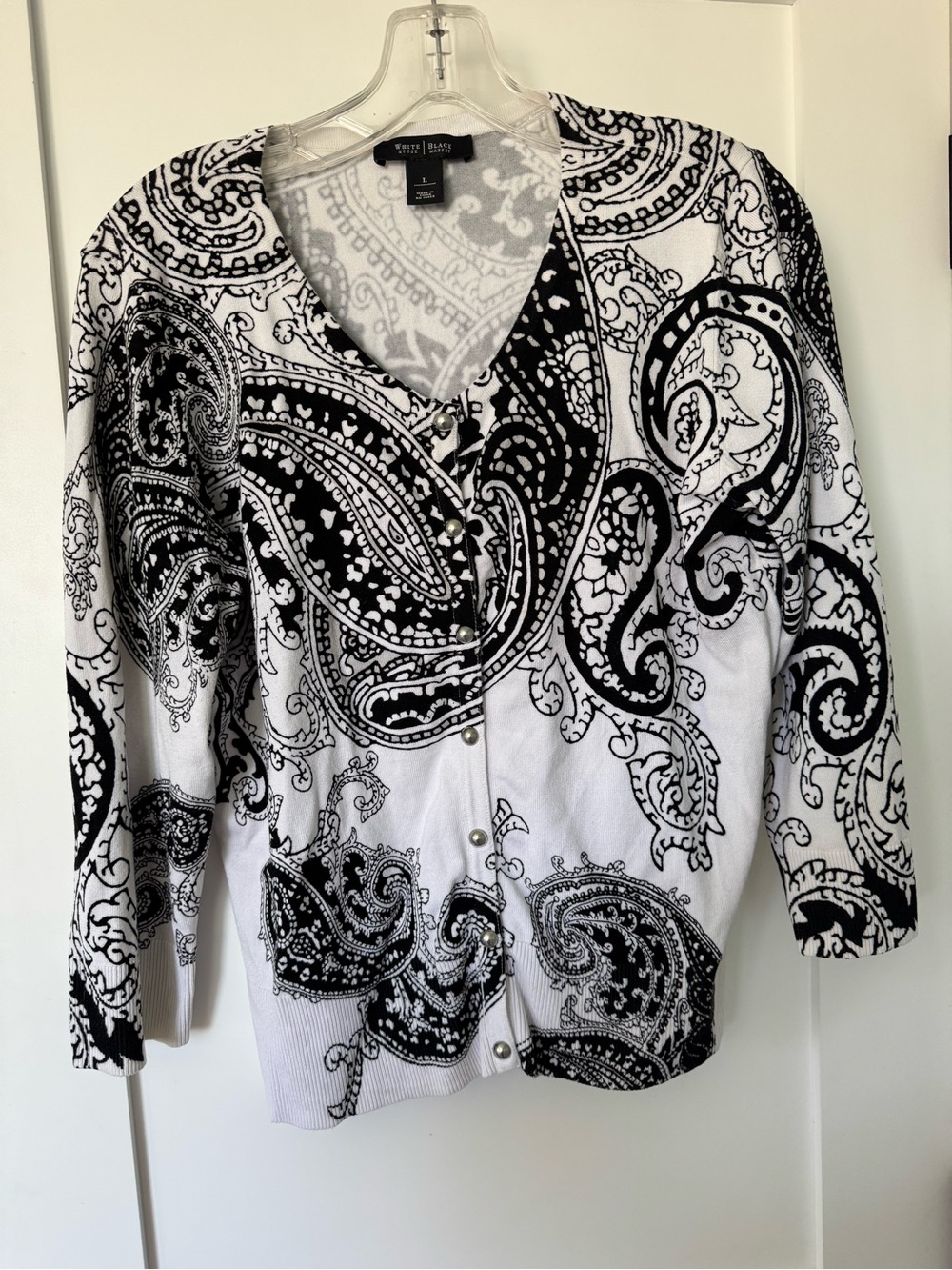 White House Black Market Black & White Paisley Button-Front Top